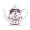 Queen Victoria fine bone china teapot with a design featuring Queen Victoria's name cipher and a coronet surrounded by floral patterns and gold plated rims. thumbnail