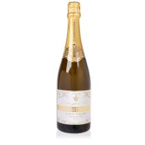bottle of champagne with gold foil and white and gold  'Buckingham Palace' label