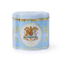 Blue tin tea caddy decorated with the Royal Coat of Arms, a crown, foliage with ribbons and a touch of gold.