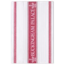 White waffle tea towel with red stripes. Middle red stripe has 'Buckingham Palace' written in white and crowns either side. 