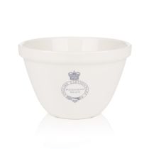 white earthenware mixing bowl with blue crest and 'Buckingham Palace' printed in the centre