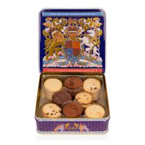 Purple open biscuit tin. Gold, blue, red and white crest on the front of the tin and the tin is open displaying a selection of chocolate chip and chocolate biscuits