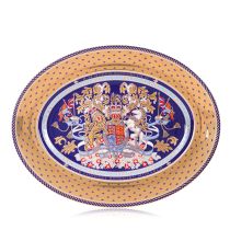 Oval charger plate with a detail gold and purple edge and an ornate purple, gold and light blue lion and unicorn crest at the centre. This is a Limited Edition piece of chinaware.