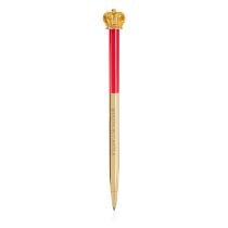 windsor castle pen. Topped with a gold coloured crown. The bottom half of the ballpoint pen is gold and the top half is red