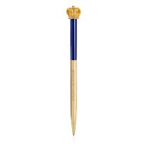 windsor castle pen. Topped with a gold coloured crown. The bottom half of the ballpoint pen is gold and the top half is blue