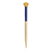 windsor castle pen. Topped with a gold coloured crown. The bottom half of the ballpoint pen is gold and the top half is blue