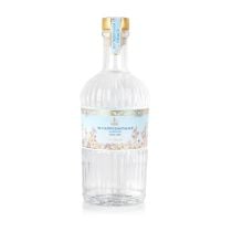 Buckingham Palace Dry gin. With blue floral label and texture clear glass bottle. 