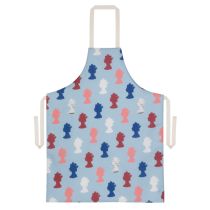 Blue apron printed with the Machin design of silhouettes of The Queen in red, pink, blue and white