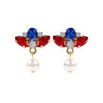 Red, white and blue crystals on gold plated brass with a pearl drop 
