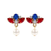 Red, white and blue crystals on gold plated brass with a pearl drop 