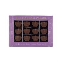 Front of chocolate box. Purple box with 16 pralines.