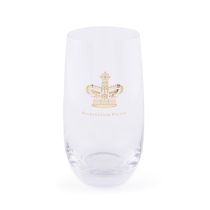 Highball glass with gold crown motif and Buckingham Palace below it