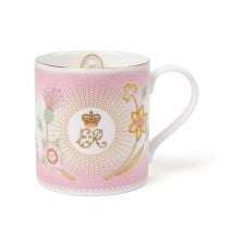 Queen Elizabeth II pink commemorative mug with floral details and central ER Cypher. 