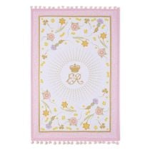 Pink and white floral Tea towel featuring Queen Elizabeth cypher encircled by a golden starburst.