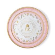Pink and gold Queen Elizabeth II tin with gold border and flowers of the United Kingdom bordering the central cypher. 