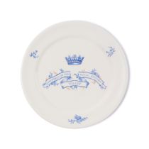 Cream earthenware toast plate with blue crown and banner stating property of the Royal kitchen
