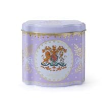 lilac tea caddy containing lady grey teabags, featuring Royal coat of arms