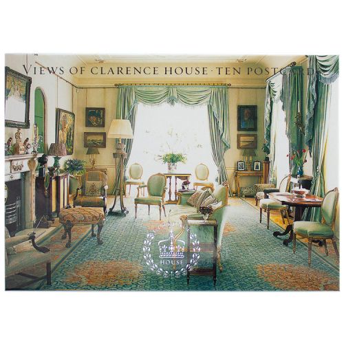 Front cover of postcard pack has an image of Clarence House interior and is stamped with a Clarence House motif. 