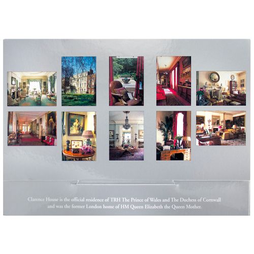 Front cover of postcard pack has an image of Clarence House interior and is stamped with a Clarence House motif. 