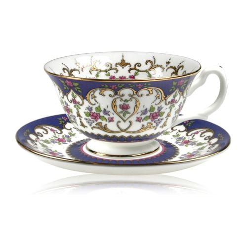Queen Victoria teacup and saucer with design featuring Queen Victoria's name cipher surrounded by floral patterns and gold plated rim.