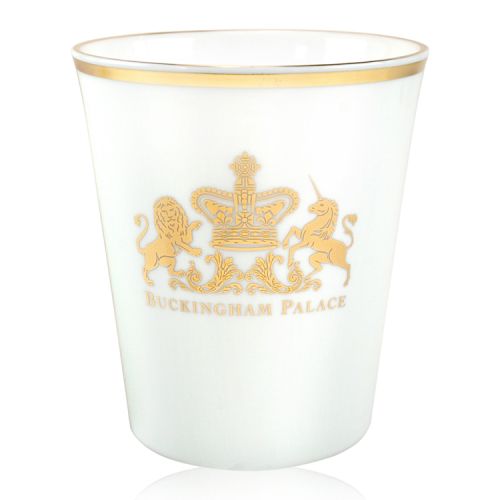 Buckingham Palace fine bone china toothbrush tumbler with gold plated rim and the words Buckingham Palace written under a central gold plated lion and unicorn crest. 