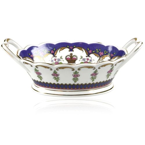 Queen Victoria fine bone china basket a with design featuring gold plated rims, Queen Victoria's name cipher on the inner side and floral patterns on the inner and outer sides. 