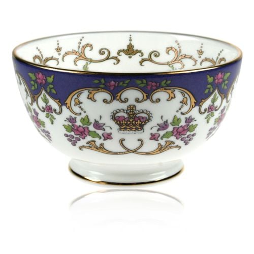 Queen Victoria fine bone china sugar bowl with a design featuring a coronet surrounded by floral patterns and gold plated rims.