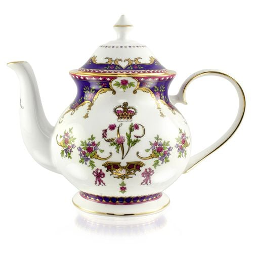 Queen Victoria fine bone china teapot with a design featuring Queen Victoria's name cipher and a coronet surrounded by floral patterns and gold plated rims.