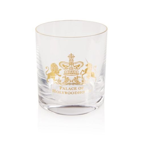 Glass tumbler with a 22 carat gold rim and a 22 carat gold lion and unicorn crest with the words 'Palace of Holyroodhouse'