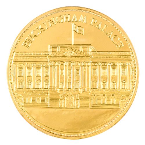 gold chocolate coin with Buckingham Palace printed on the foil