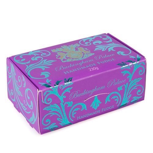 Purple and blue swirl box of fudge. The lion and unicorn crest is printed on top and the words 'Buckingham Palace' is also printed on the top of the box in blue