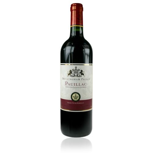 glass bottle of red wine with 'Buckingham Palace' label