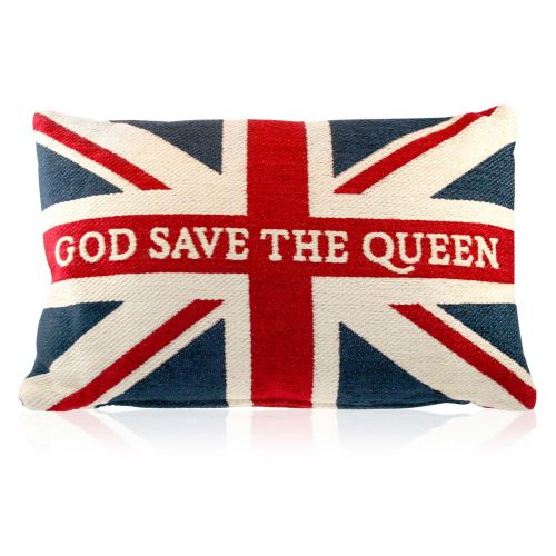 Buckingham Palace Union Flag chenille cushion with the words God Save The Queen written along the horizontal line of the flag. 