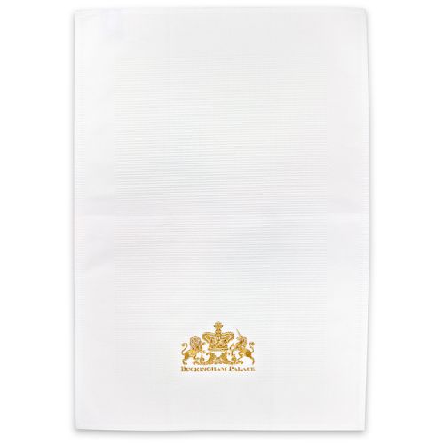 Buckingham Palace logo pack of 2 waffle tea towels. Each white cotton tea towel features the gold embroidered words Buckingham Palace under a lion and unicorn crest. 