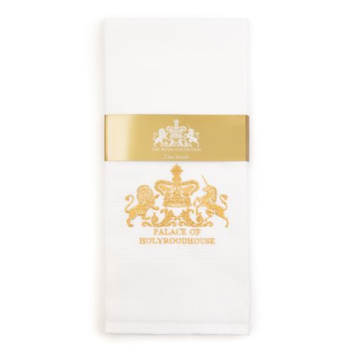 white cotton tea towel embroidered with a lion and unicorn and the words 'Palace of Holyroodhouse' in gold threads