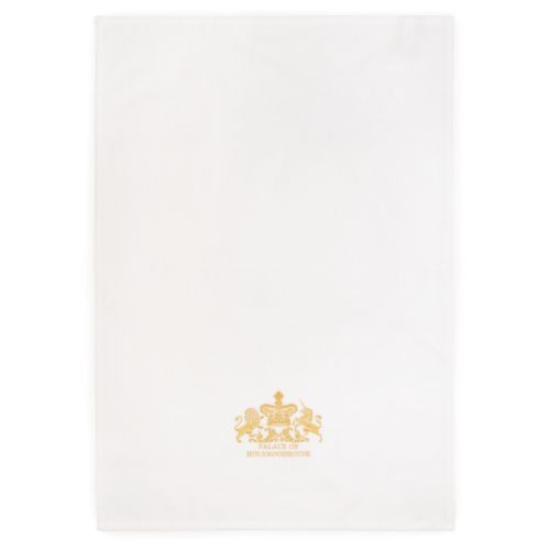 white cotton tea towel embroidered with a lion and unicorn and the words 'Palace of Holyroodhouse' in gold threads