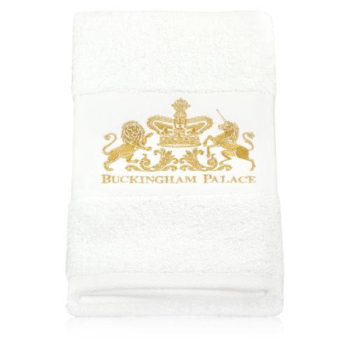 White hand towel with gold embroidery of Buckingham Palace and the Royal Coat of Arms.
