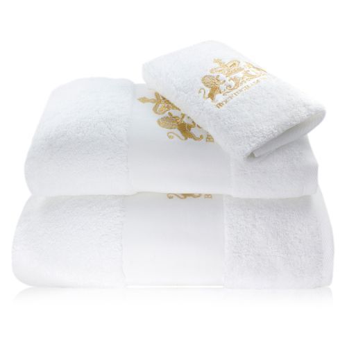 White hand towel with gold embroidery of Buckingham Palace and the Royal Coat of Arms.