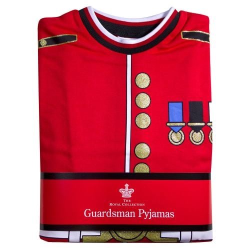 Pyjama set. Guardsman top with buttons, belt and medals. Black trousers with red stripe. 