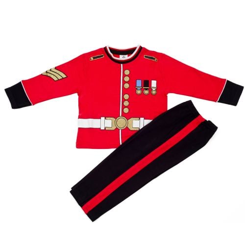 Pyjama set. Guardsman top with buttons, belt and medals. Black trousers with red stripe. 