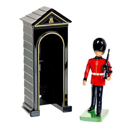 Scotsguard with gun and sentry box metal figure. The sentry box is gloss black with golden rims on the front part and the guardsman figure stands on a green platform support.