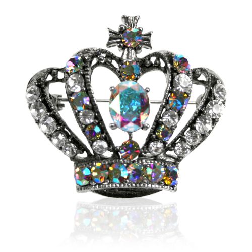 Crystal crown brooch featuring a larger clear crystal stone on the central part with crystal embeded arches topped with a cross. 