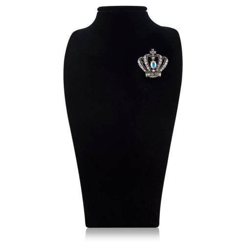 Crystal crown brooch featuring a larger clear crystal stone on the central part with crystal embeded arches topped with a cross. 