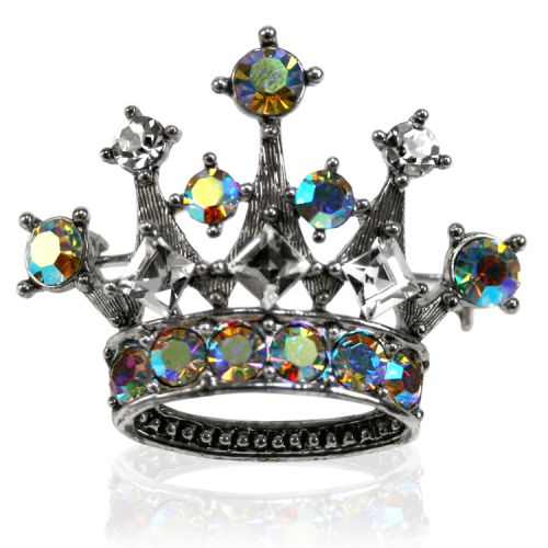 Crystal tiara brooch featuring embeded clear stones on the circlet and across the spikes. 