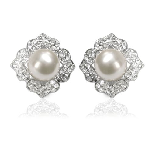 Pair of diamond shape base metal earrings featuring a large pearl in the middle surrounded by embeded  crystal stones.
