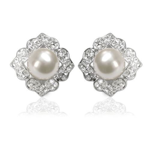 Pair of diamond shape base metal earrings featuring a large pearl in the middle surrounded by embeded  crystal stones.