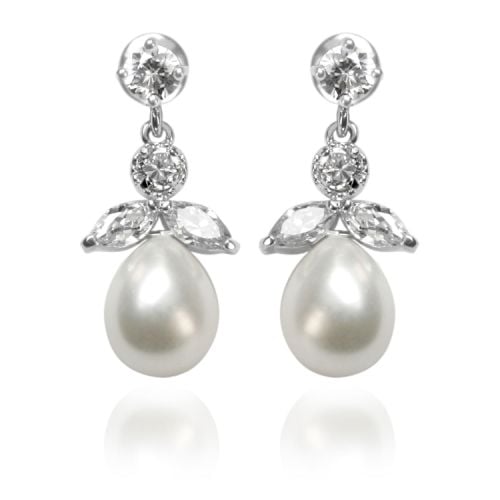 Pair of drop crystal earrings featuring a tear drop natural colour pearl supported by leave and circle shaped crystals. 