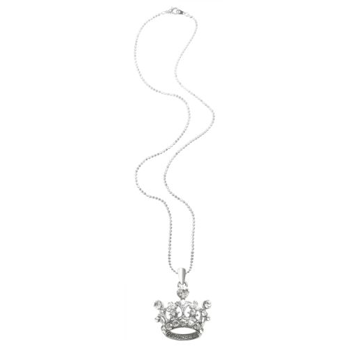 Pendant Crown Necklace featuring a tiara shaped crown with embeded sparkling crystals and a beaded metal chain. 