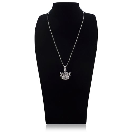 Pendant Crown Necklace featuring a tiara shaped crown with embeded sparkling crystals and a beaded metal chain. 