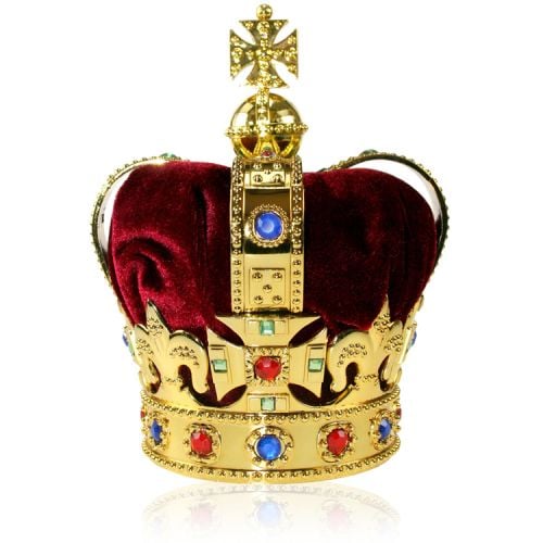Gold State Crown Decoration featuring alternate blue and red beads along the arches and head band . The crown has a burgundy velvet padded inner cap.